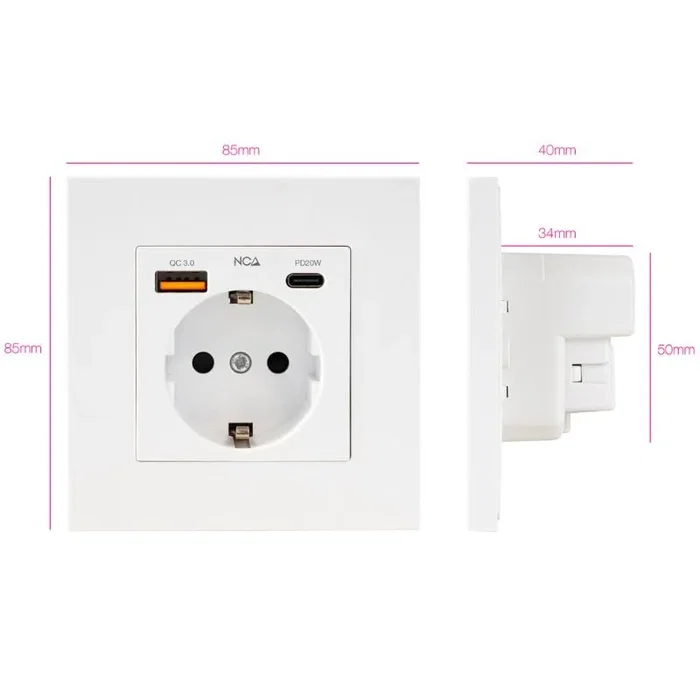 Nanocable Base de enchufe Schuko con USB-A QC 3.0 y USB-C PD, Blanco
